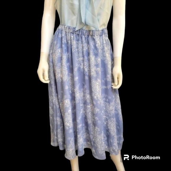 VTG Handmade 1990s Baby Blue Floral Fairycore Swing Midi Skirt - Picture 1 of 10